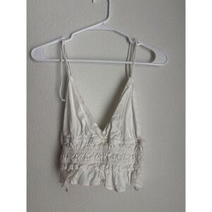 Sim & Sam Womens White Smocked Ruffle Crop Top V-Neck Spaghetti Strap Small